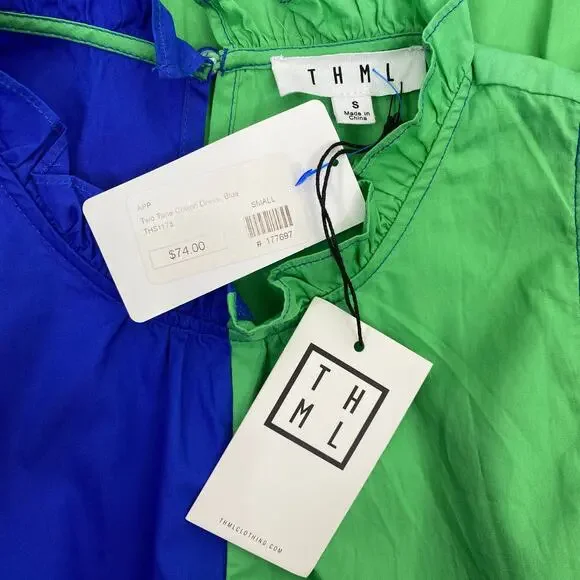 THML Colorblock Shift Dress Womens S Blue Green Pockets Tiered Layers Ruffles - Picture 5 of 8